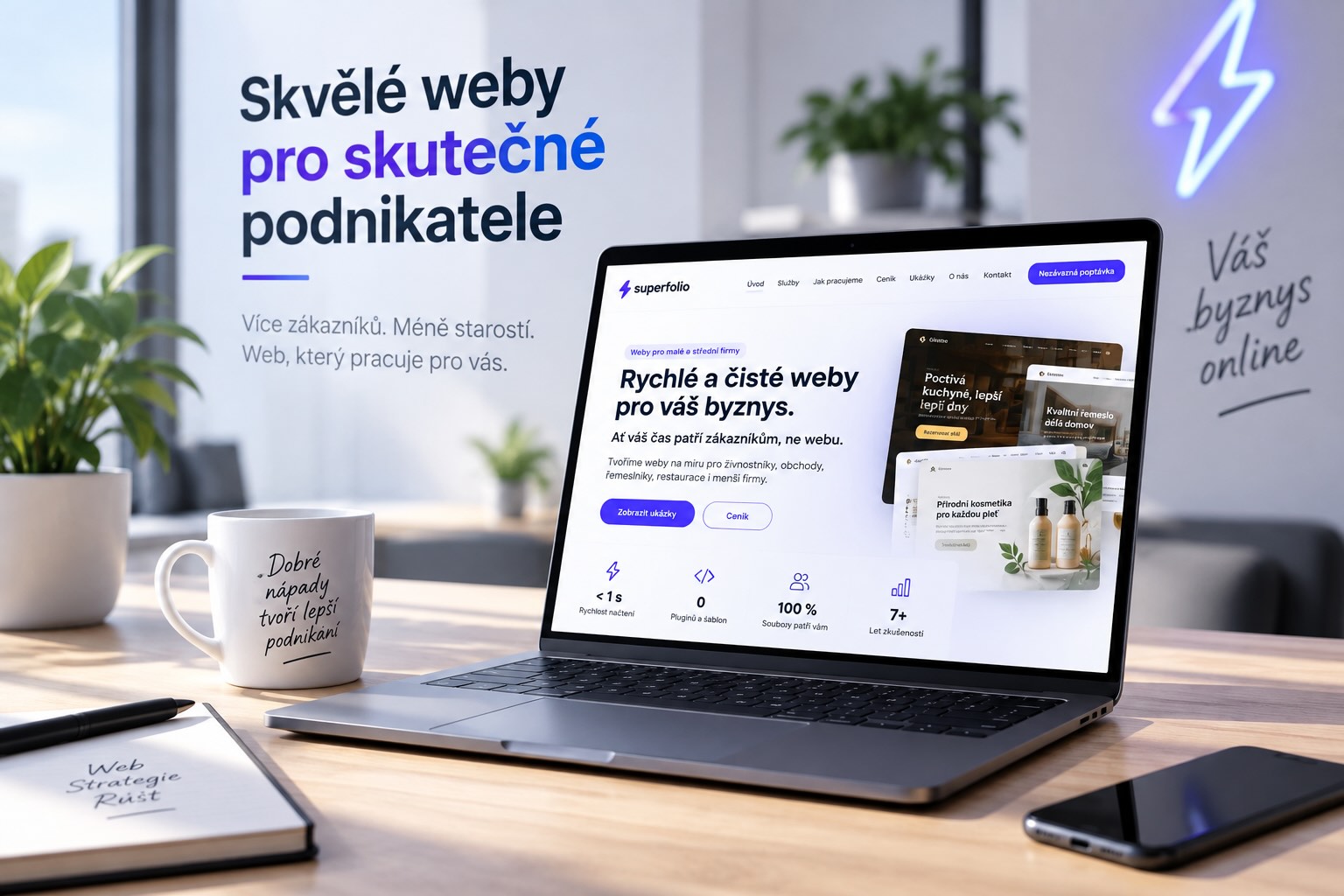 Ukázka webu Superfolio zobrazená na notebooku